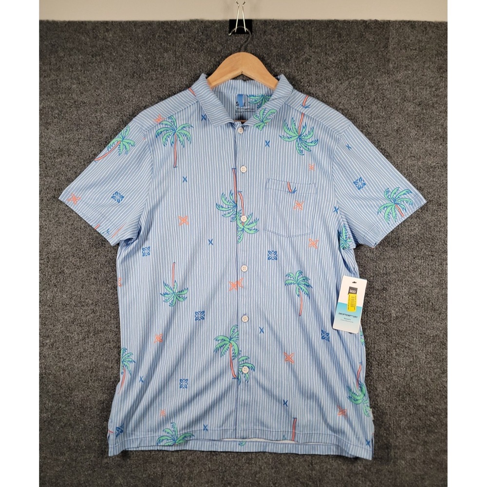 NEW Saxx DropTemp Dry Shirt Mens Large Blue Tropical Palm Stripe Button Up Soft